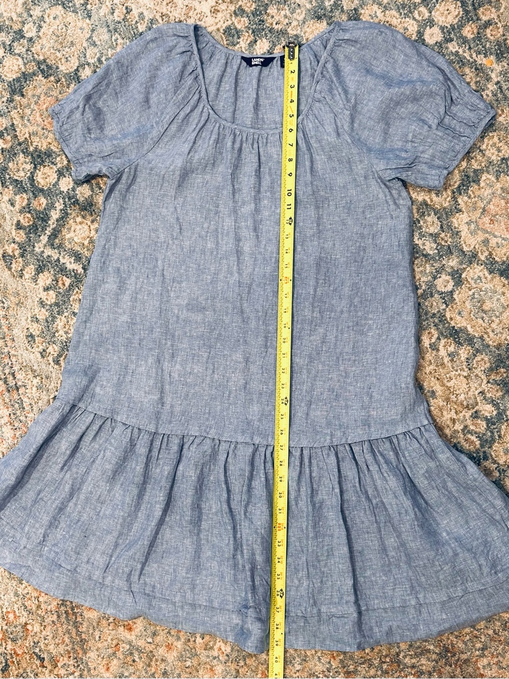 Lands' End Chambray Puff-Sleeve Tiered Midi Dress — Light Blue - Picture 9 of 10